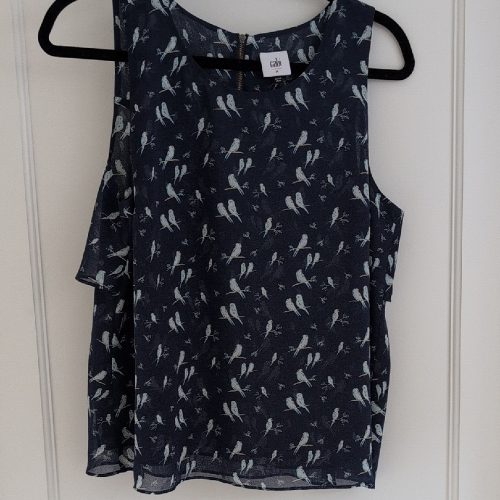 CAbi Chirp Top Sleeveless Blouse #3447 Medium M Blue Bird Print Chiffon Zip Back